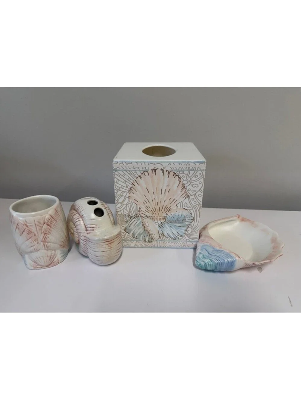 Ceramic Seashell Bathroom Accessory Set - Toothbrush, Soap Dish, Cup, Tissue box